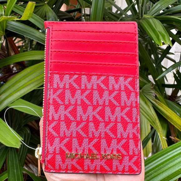 Michael Kors Jet Set Travel Medium Top Zip Card Case Wallet MK Dark Sangria - Picture 1 of 10